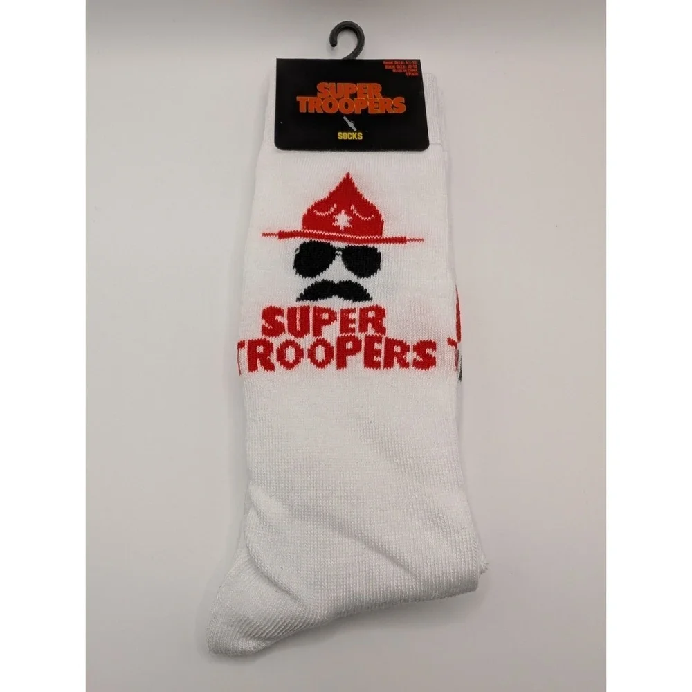 Super Troopers The Time Is Meow Socks One Size Men's US Size 7-12 White Crew NWT
